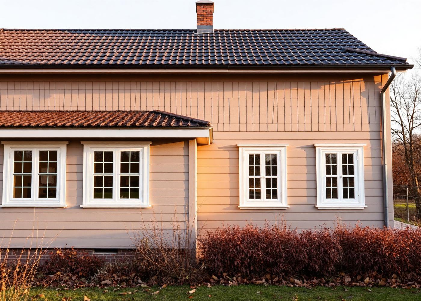 Målad trähusfasad med vita fönsterfoder i Linköping